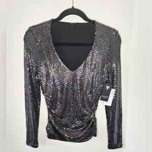 GUESS Sequin V-Neck Long Sleeve Top, Camille Oil Slick Multi, NWT